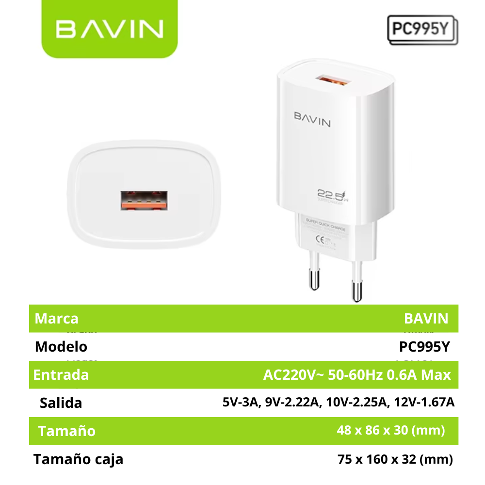 Cargador Bavin PC995Y 22.5W con Cable | USB Carga Rápida