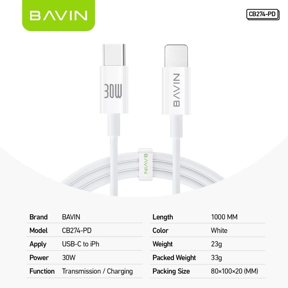 Cable BAVIN PD30W Tipo-C a Lightning | Carga Rápida