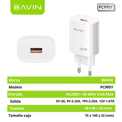 Cargador Bavin PC995Y 22.5W con Cable | USB Carga Rápida
