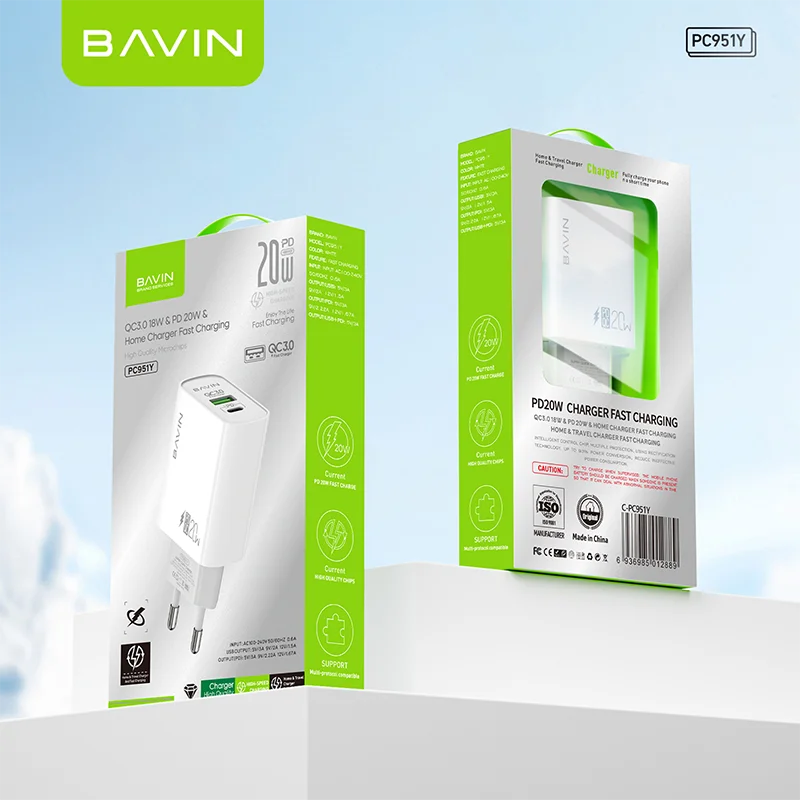 Cargador BAVIN 20W Doble Puerto PD + QC 3.0 | Carga Rápida para iPhone y Android
