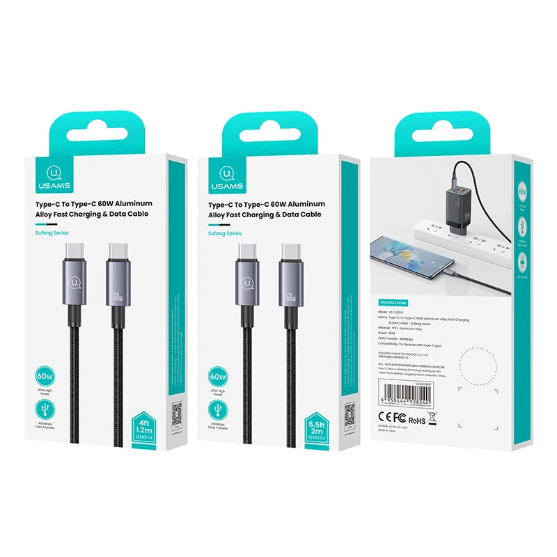 Cable USAMS Tipo-C a Tipo-C 60W | 1.2m Carga Rápida