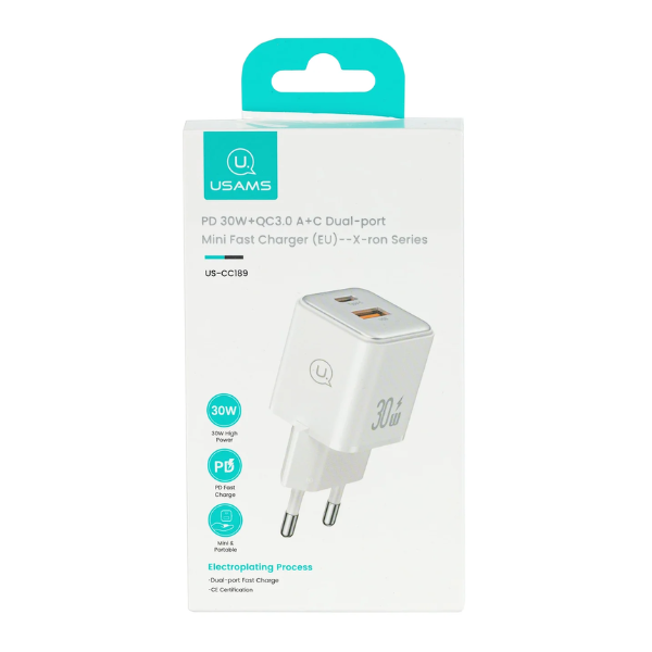 Cargador USAMS US-CC189 30W | Carga Rápida USB-C PD DOBLE PUERTO